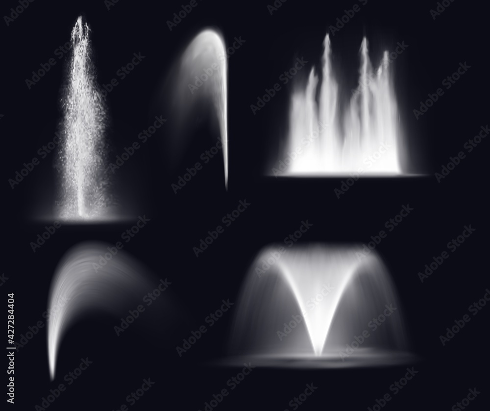 Fountain water jets and splashes, isolated realistic 3d vector waterfall and stream spray. Fountain water jets silhouettes, dancing fountain cascade or geyser and spring eruption - obrazy, fototapety, plakaty 