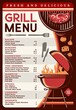 © Vector Tradition - Grill menu with bbq food vector template. Barbecue meat, chicken or beef steak, charcoal grill, chef knives, bbq fork and fire flames, menu brochure of cafe, bar and restaurant design