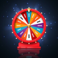 Wall Mural - Fortune wheel or lucky spin games, vector casino and gambling design. 3d lottery, jackpot and money prize winner roulette with gold arrow, colorful win sections, light bulbs and sparkles