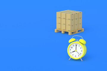 Cardboard boxes on pallet near alarm clock. Fast shipping. Transportation speed. Storage time in the warehouse. Delayed delivery. Quick carriage. Copy space. 3d render