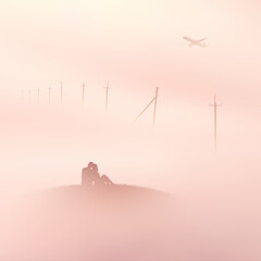 Sticker - Lovers and flying aircraft. Couple silhouette on hill. Airport in fog