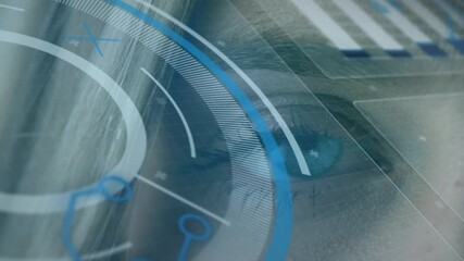 Wall Mural - Animation of statistics and scope scanning over woman's eye in background