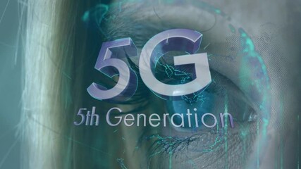 Poster - Animation of 5g 5th generation with globe over woman's eye in background