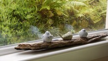 Pan Left To Right Across A Cafe Window Decorated With Small Ceramic Birds. Filmed In St Fillans, Scotland.