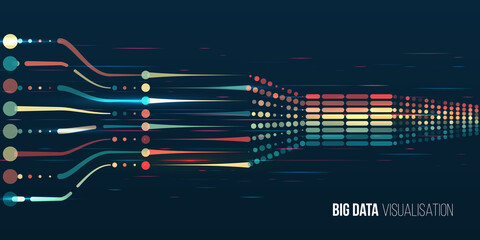 Abstract stream information with circle and lines binary code. Filtering machine algorithms. Sorting data. Vector technology background. Big data visualization. Information analytics concept.