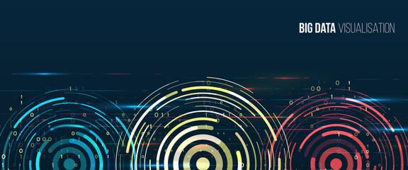 Abstract stream information with circles array and binary code. Filtering machine algorithms. Sorting data. Vector technology background. Big data visualization. Information analytics concept.
