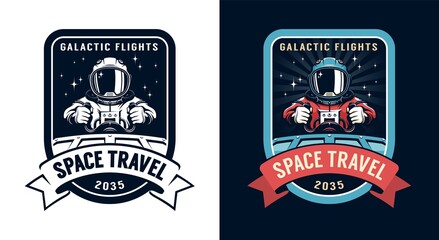 space badge with spaceship pilot. astronaut academy retro logo with spaceman. vector vintage illustr