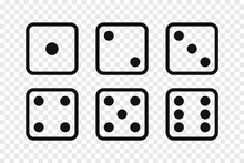 Game Dice Set Isolated On Transparent Background. Set Of Dice In Linear Design From One To Six. Traditional Game Die With Marked With Different Numbers Of Dots Or Pips From 1 To 6. Vector Illustration