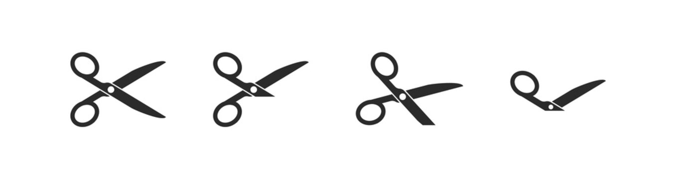 set of cutting scissors with cut lines for cutting paper in flat style. cut out sign, symbol, icon. 