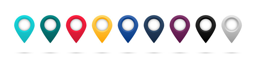 Set of colorful map pointer. Map pins, markers. Location icons for map. Vector illustration. EPS - 10