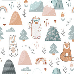 Wall Mural - Seamless pattern with cute forest animals, flowers, and trees. Childish print for nursery background in a Scandinavian style for baby clothes or interior. Vector cartoon illustration in pastel colors