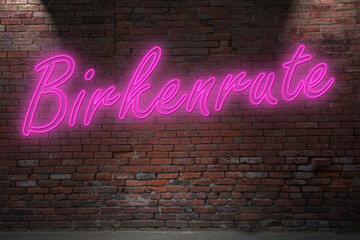 Neon BDSM birch (in german Birkenrute) lettering on Brick Wall at night