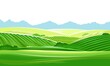 Hills and meadows. Haymaking in pastures. Agricultural land. Green grass. Mountains in the distance. Beautiful rural landscape. Isolated over white background. Vector