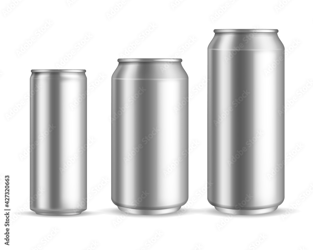 Aluminum cans realistic. Metallic blank beer or soda, water or juice can, silver empty drink packaging 300 330 500 ml. Marketing branding container mockup collection. Vector isolated set - obrazy, fototapety, plakaty 