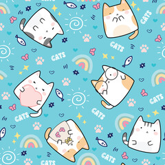 Wall Mural - Seamless Pattern Kawaii Cute Cats, Cartoon Animals Background, Vector Illustration