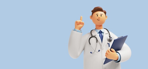 Wall Mural - 3d render. Doctor cartoon character with stethoscope and clipboard, looks at camera and gives advice. Clip art isolated on blue background. Professional consultation and recommendation