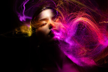 lightpainting portrait, new art direction, long exposure photo without photoshop, light drawing at long exposure