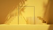3d render, abstract sunny yellow background with steps, square frame, leaf shadows and bright sunlight. Minimal showcase scene for product presentation