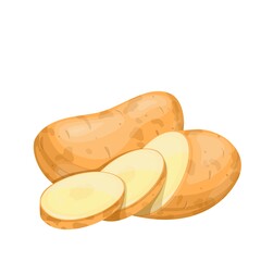 Wall Mural - Potatoes vector illustration. Raw potato whole root crops and sliced pieces.