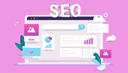 Aufkleber - Search engine optimisation - laptop computer with web analytic elements in colourful 3d vector style. SEO concept.