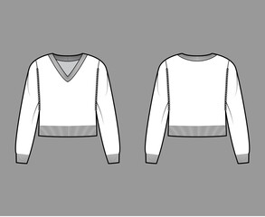 Wall Mural - V-neck cropped Sweater technical fashion illustration with long sleeves, relax fit, waist length, knit rib trim. Flat jumper apparel front, back, white color style. Women, men unisex CAD mockup