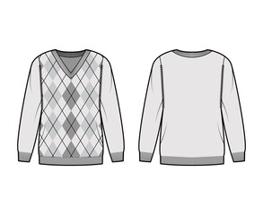 Wall Mural - Argyle Sweater technical fashion illustration with rib V- neck, long sleeves, oversized, fingertip length, knit cuff trim. Flat jumper apparel front, back grey color style. Women men unisex CAD mockup