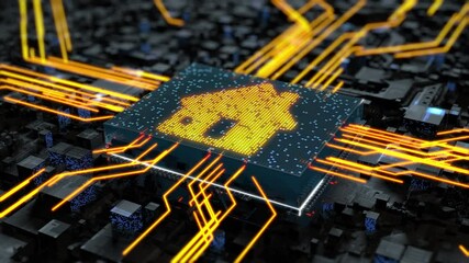 Wall Mural - a smart digital home in an abstract city or an electronic circuit board chip. the central processor 