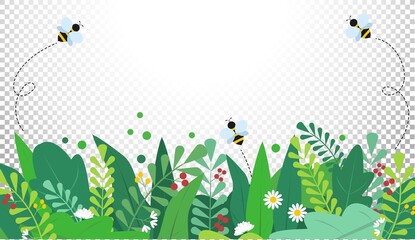 Summer or spring background with colorful green leaves, bees and flowers. Spring vector flat style template for banner, flyer, wallpaper, brochure, greeting card. Cartoon easter vector illustration