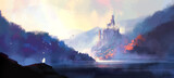 Fantasy style medieval castle, digital illustration.