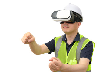 Man wearing virtual reality goggles. Studio shot, white background.