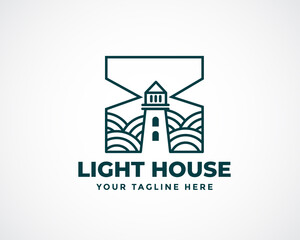 Wall Mural - Square line art lighthouse cloud background logo design illustration