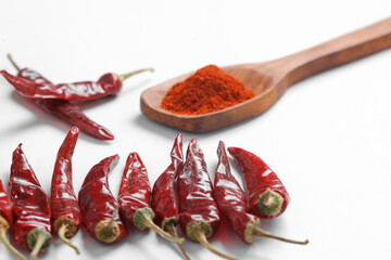 Wall Mural - Chilli powder in wooden spoon with dry red chilly on white background.