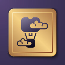Purple Romantic Hot Air Balloon Icon Isolated On Purple Background. Air Transport For Travel. Gold Square Button. Vector