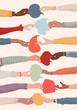 Arms and hands holding speech bubble. Agreement or affair between a group of colleagues or collaborators.Diversity People who exchange information. Concept of sharing ideas. Community