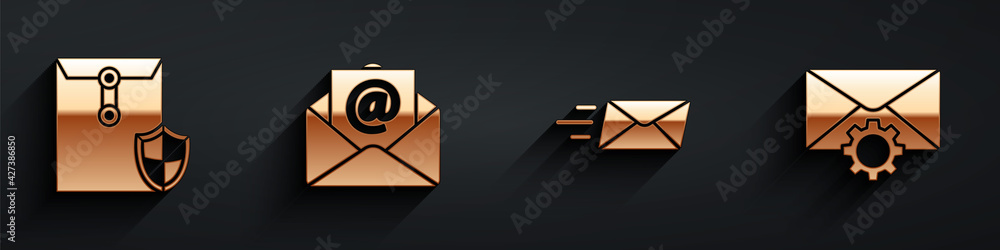 Set Envelope with shield, Mail and e-mail, Express envelope and Envelope setting icon with long shadow. Vector - obrazy, fototapety, plakaty 