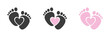 Baby foot barefoot heart icon. Set.