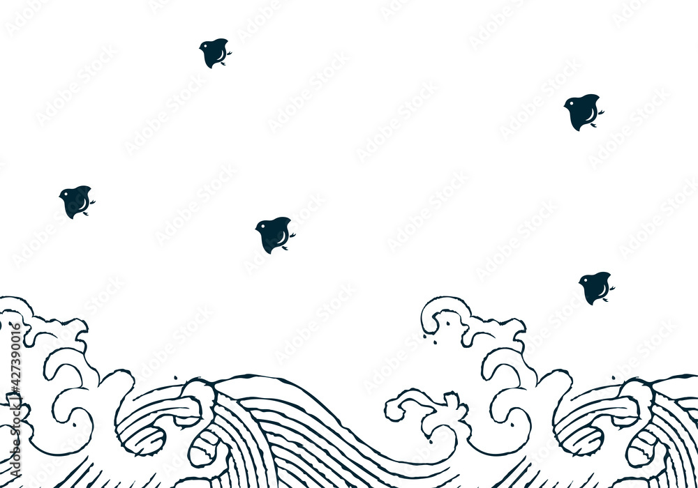 和柄波千鳥の背景イラスト 浮世絵風大波と千鳥 年賀状暑中見舞い素材モノトーン Dcn Gallery