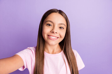 Poster - Photo of optimistic nice brunette girl do selfie wear t-shirt isolated on pastel purple color background