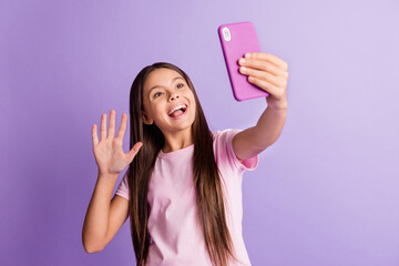 Canvas Print - Photo of optimistic nice brunette girl talk telephone wear t-shirt isolated on pastel purple color background