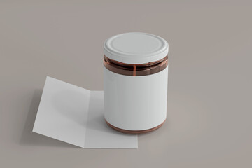 Poster - Blank Label Amber Glass Food Jar with Bi-Fold Brochure 3D Rendering