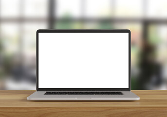 Wall Mural - Laptop with blank screen on wood table in blurry background with Coffee shop, 3d illustration.