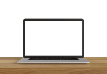 Wall Mural - Laptop with blank screen on wood table isolated on white background. 3d illustration.