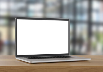 Wall Mural - Laptop with blank screen on wood table in blurry background with Coffee shop, 3d illustration.
