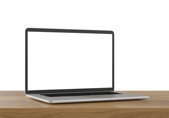 Wall Mural - Laptop with blank screen on wood table isolated on white background. 3d illustration.