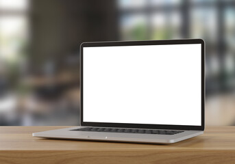 Wall Mural - Laptop with blank screen on wood table in blurry background with Coffee shop, 3d illustration.