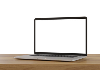 Wall Mural - Laptop with blank screen on wood table isolated on white background. 3d illustration.
