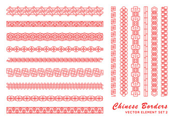 Asian red border set in vintage style on white background. Traditional chinese ornaments for your design. Vector japanese pattern. Artwork graphic, asian culture decoration.