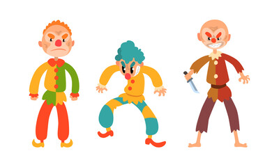 Poster - Creepy Clowns Set, Angry Jester and Joker Characters in Colorful Costumes Cartoon Vector Illustration