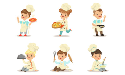 Poster - Cute Kids Chefs Set, Adorable Little Children in Uniform Cooking and Baking in the Kitchen Cartoon Vector Illustration