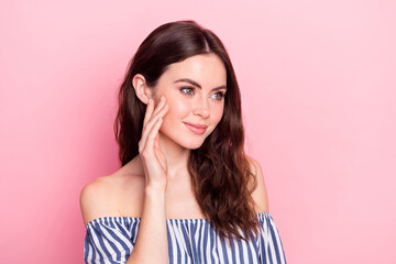 Sticker - Photo of nice optimistic brunette lady look empty space wear blue dress isolated on pastel pink color background